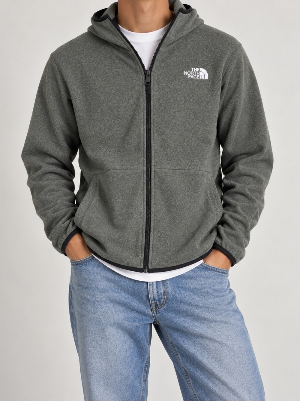 The North Face Gray Fleece Full Zip Hooded Hoodie Pockets XL